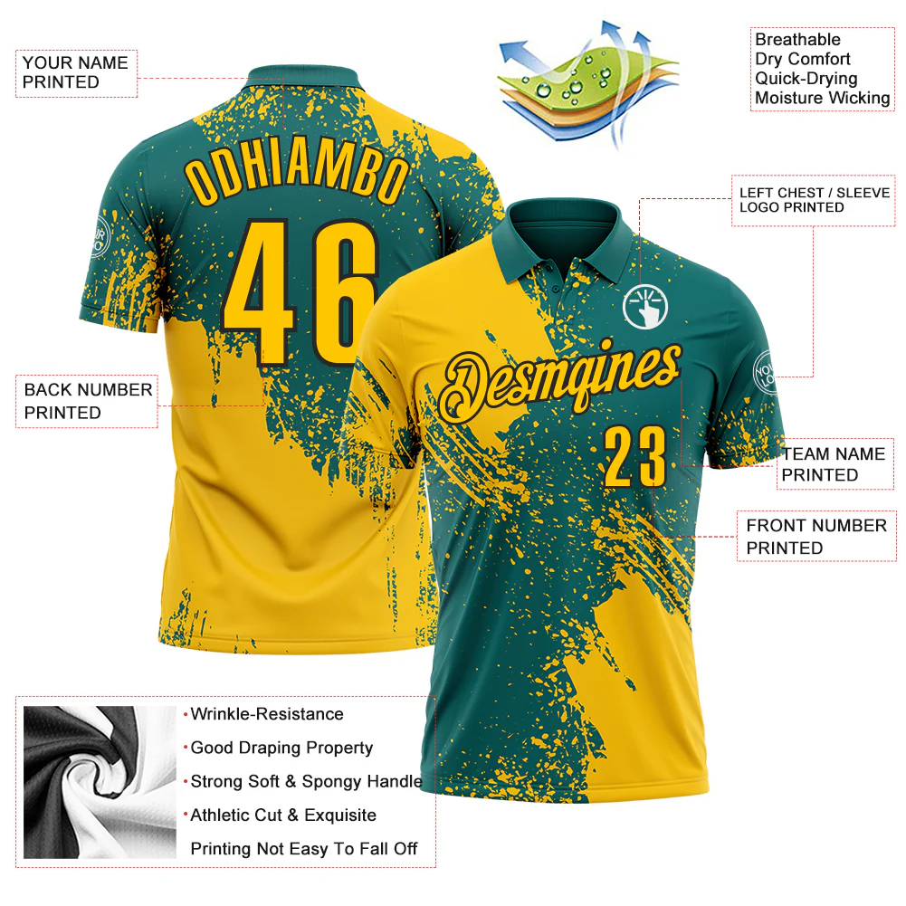 Custom Yellow Teal-Black 3D Pattern Design Abstract Brush Stroke Performance Polo Shirt
