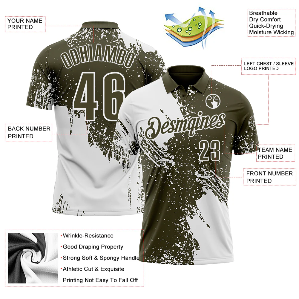 Custom White Olive 3D Pattern Design Abstract Brush Stroke Performance Polo Shirt