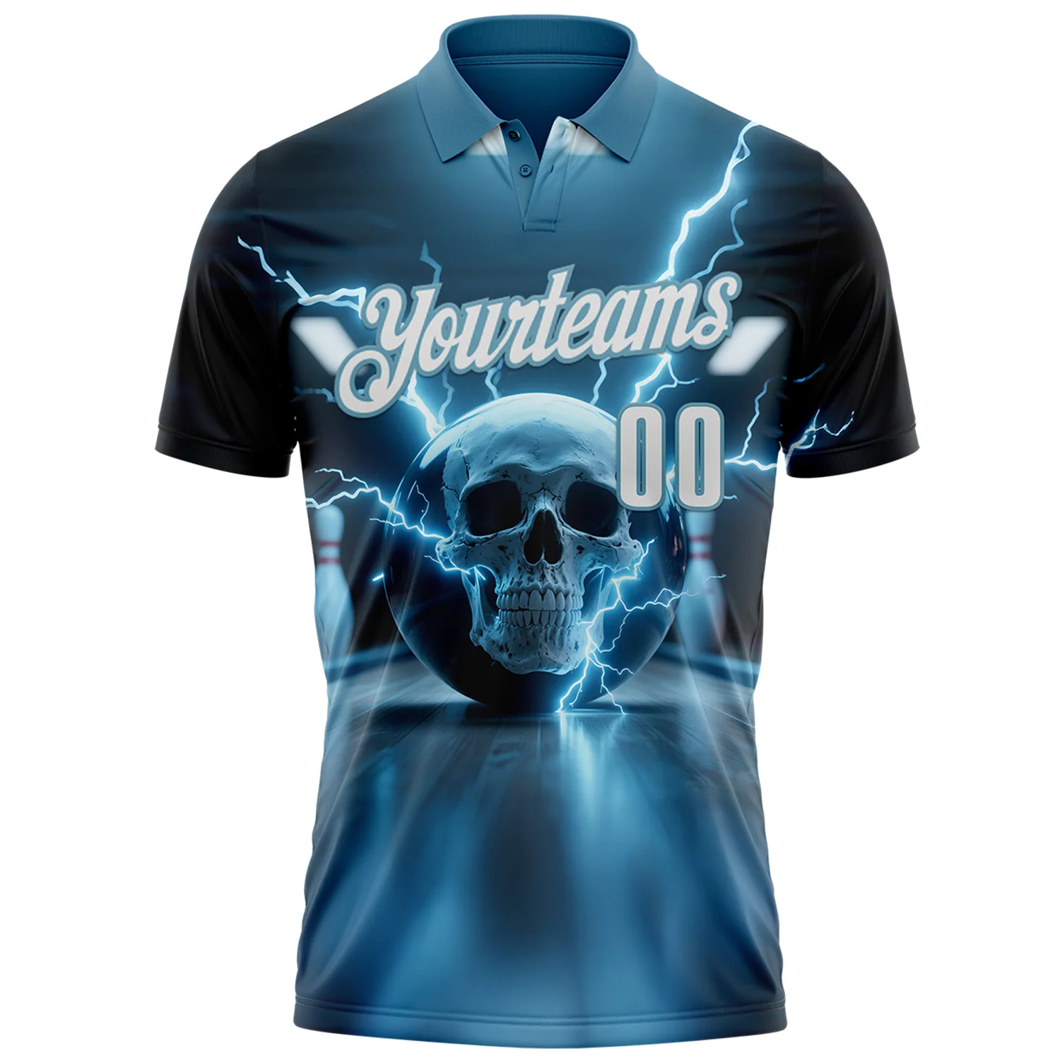 Custom Shadow Blue White 3D Lightning Skull Bowling Performance Polo Shirt