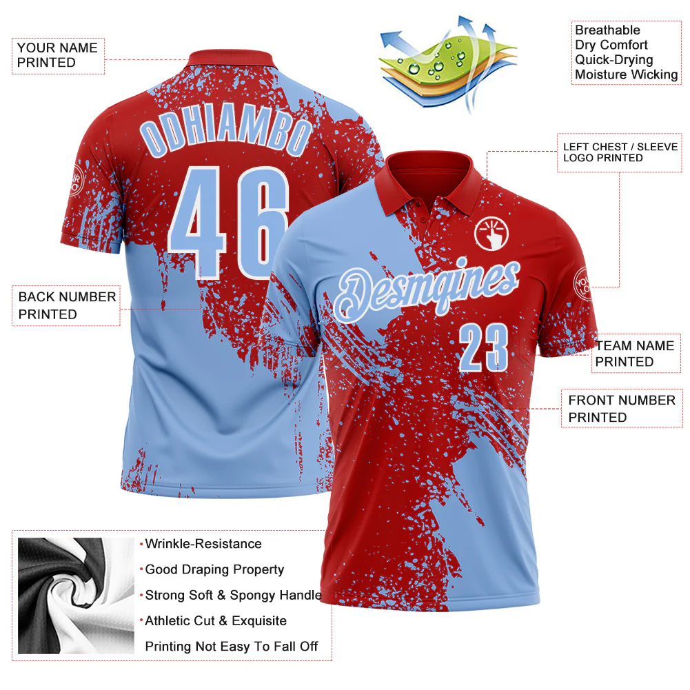 Custom Light Blue Red-White 3D Pattern Design Abstract Brush Stroke Performance Polo Shirt