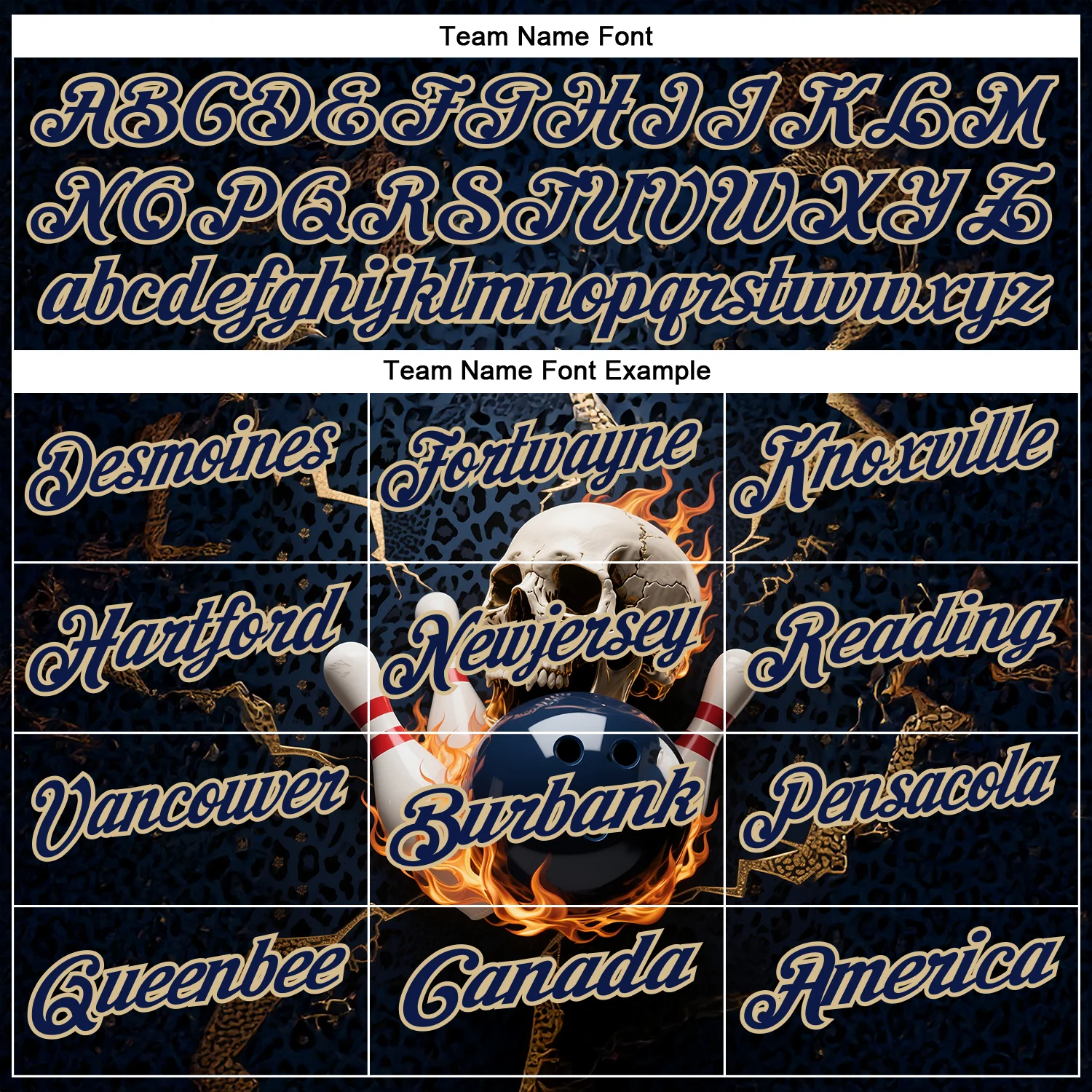 Custom Navy Vegas Gold 3D Flame Leopard Print Skull Bowling Performance Polo Shirt