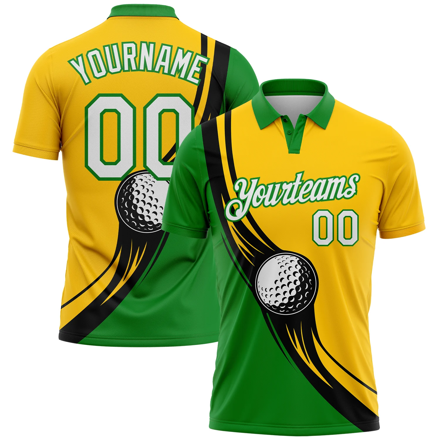 Custom Yellow White-Grass Green 3D Pattern Design Golf Ball Performance Golf Polo Shirt