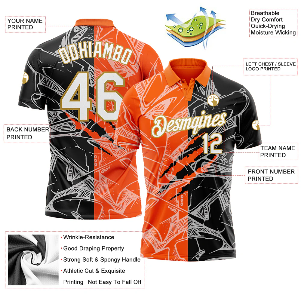 Custom Graffiti Pattern White Orange-Old Gold 3D Scratch Performance Golf Polo Shirt