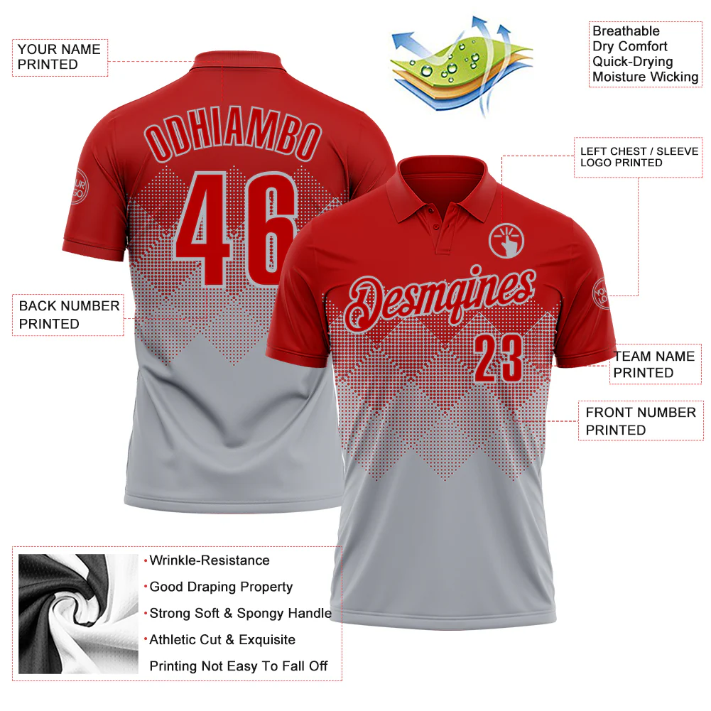Custom Red Gray 3D Gradient Square Shape Performance Polo Shirt