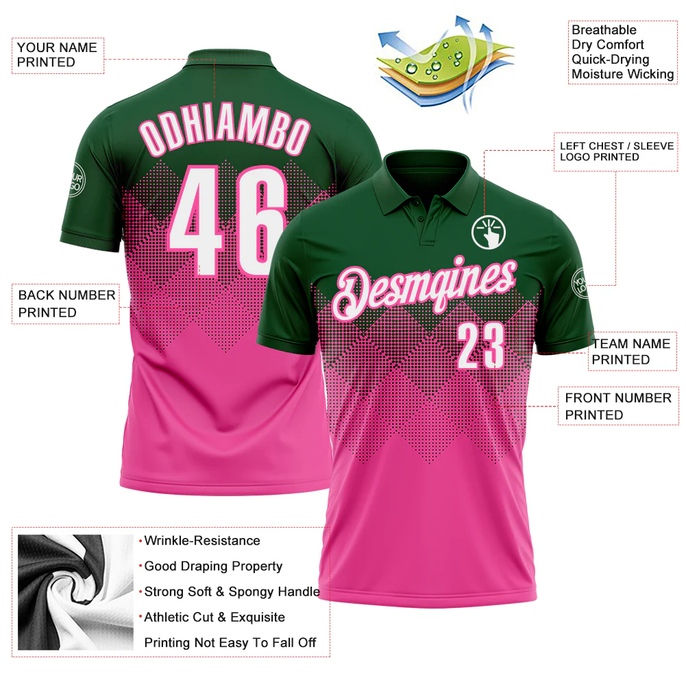Custom Green White-Pink 3D Gradient Square Shape Performance Polo Shirt