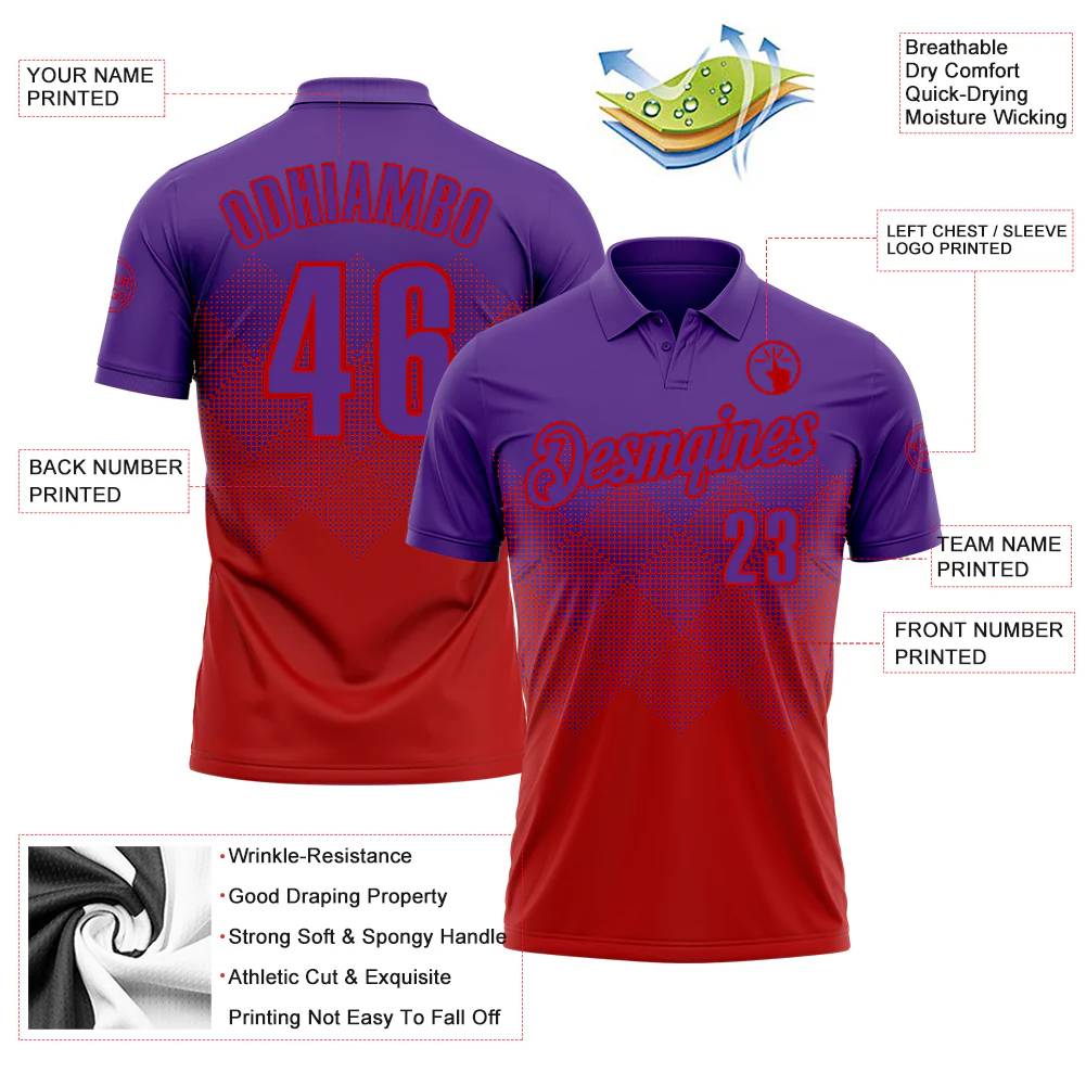 Custom Purple Red 3D Gradient Square Shape Performance Polo Shirt