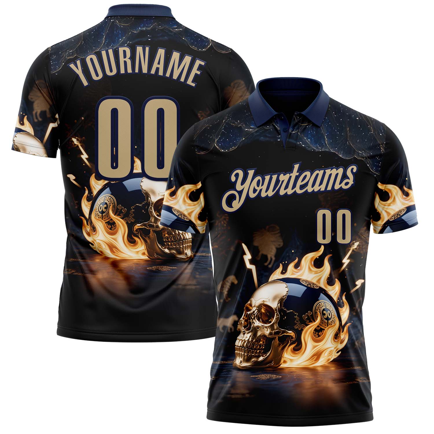 Custom Navy Vegas Gold 3D Flame Skull Bowling Performance Polo Shirt