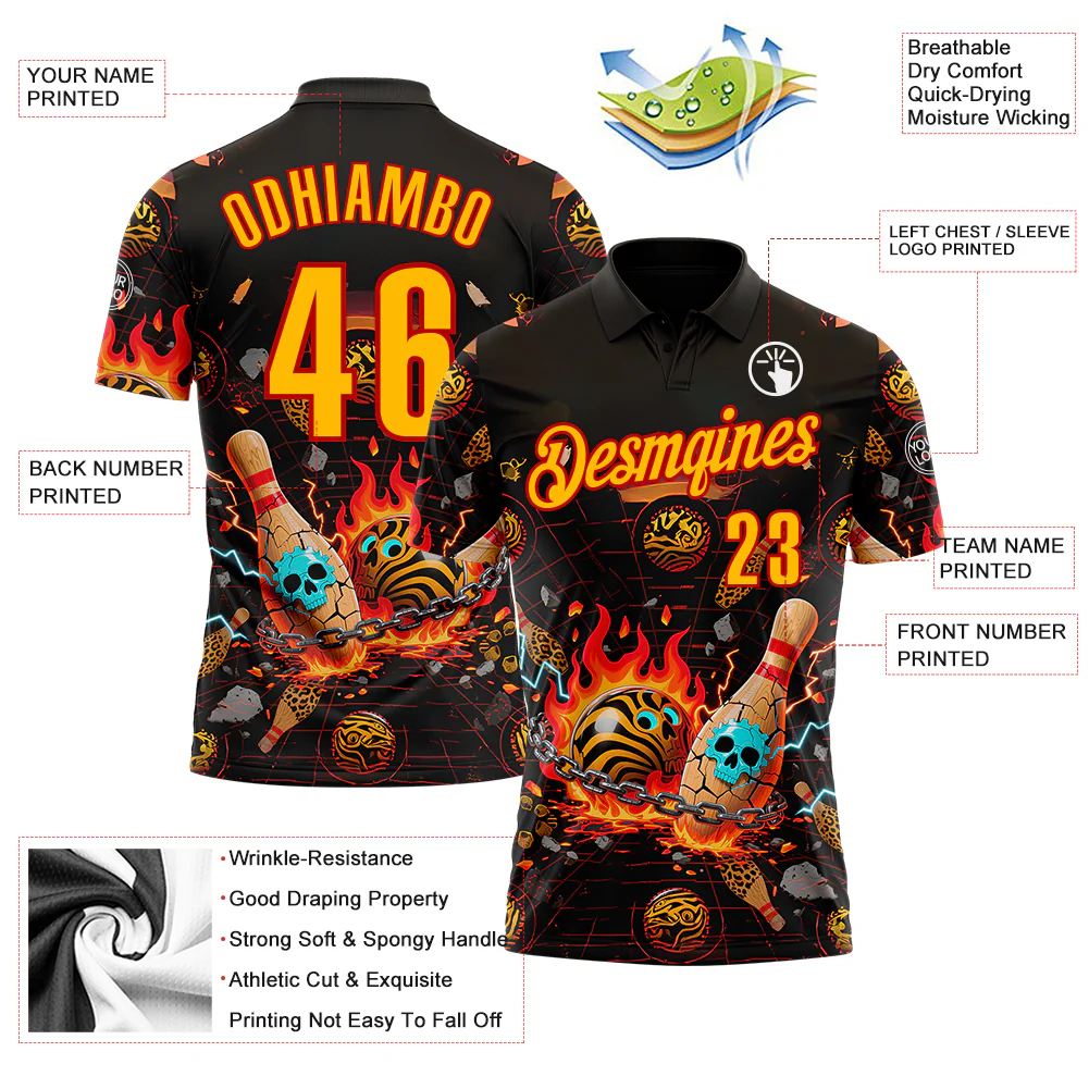 Custom Black Gold-Red 3D Flame Skull Bowling Performance Polo Shirt