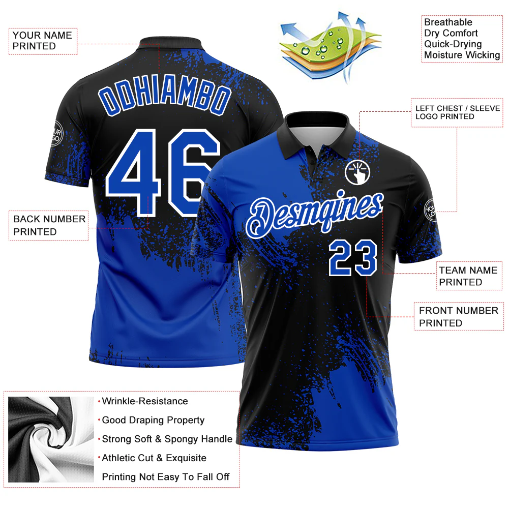 Custom Thunder Blue Black-White 3D Pattern Design Abstract Brush Stroke Performance Polo Shirt