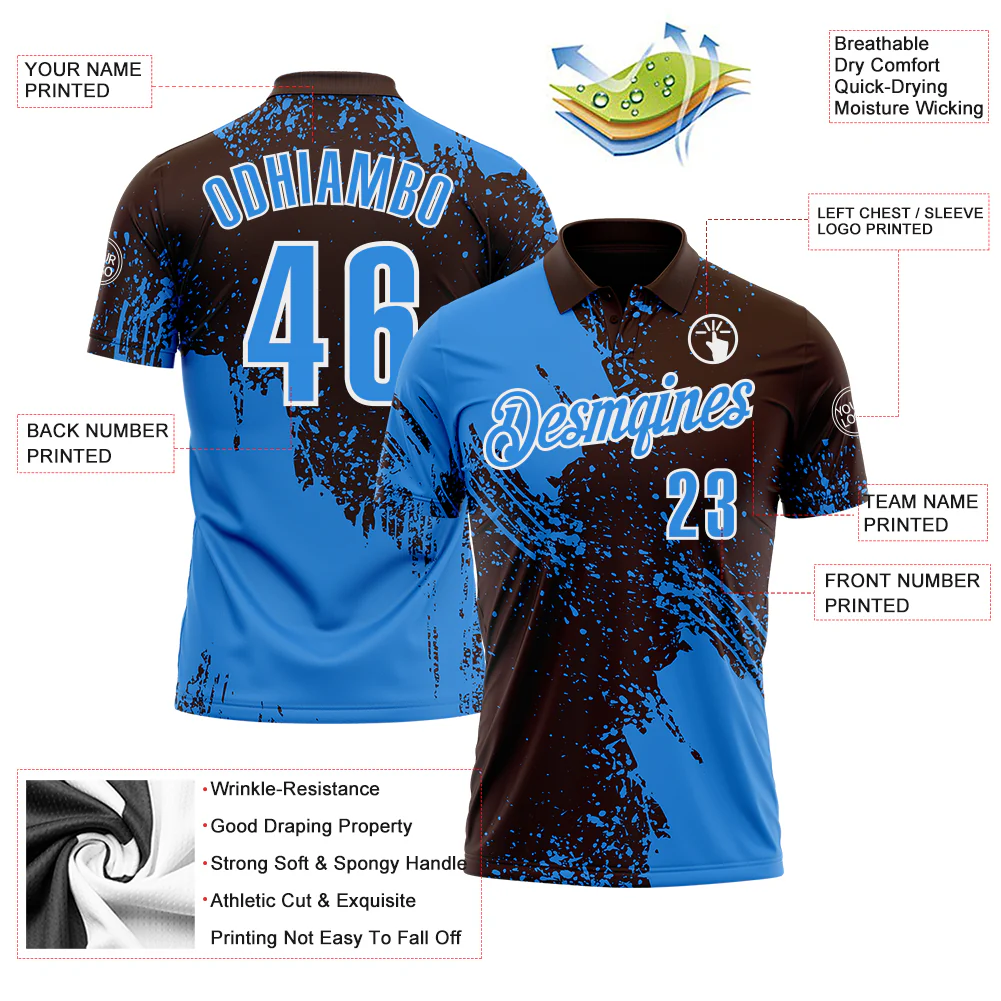 Custom Powder Blue Brown-White 3D Pattern Design Abstract Brush Stroke Performance Polo Shirt