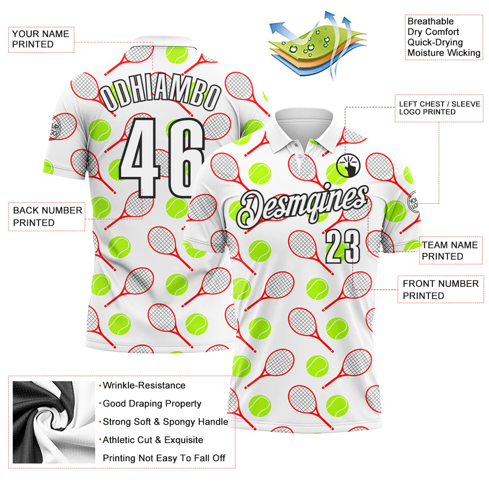 Custom White Black 3D Tennis Performance Polo Shirt