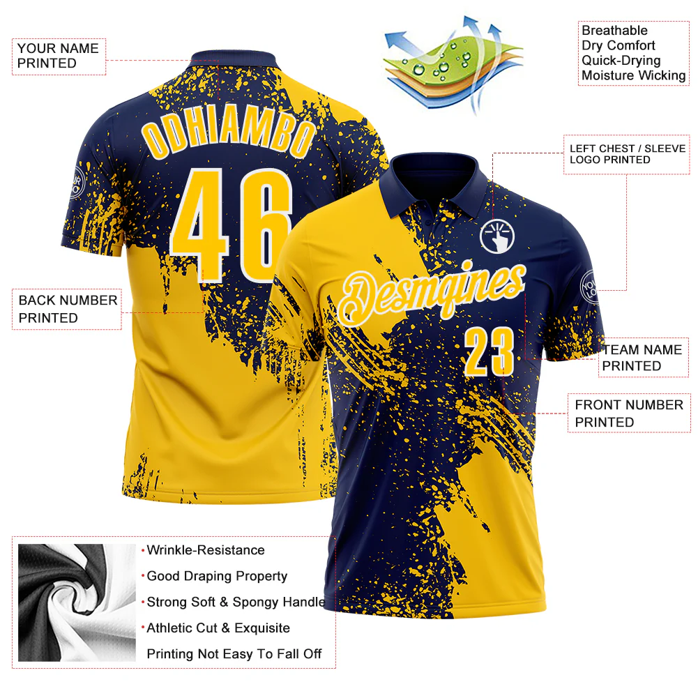 Custom Yellow Navy-White 3D Pattern Design Abstract Brush Stroke Performance Polo Shirt