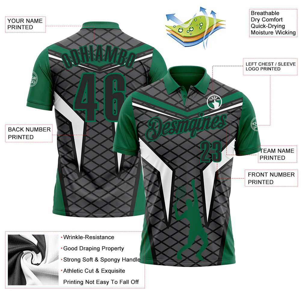 Custom Steel Gray Black-Kelly Green 3D Tennis Performance Polo Shirt