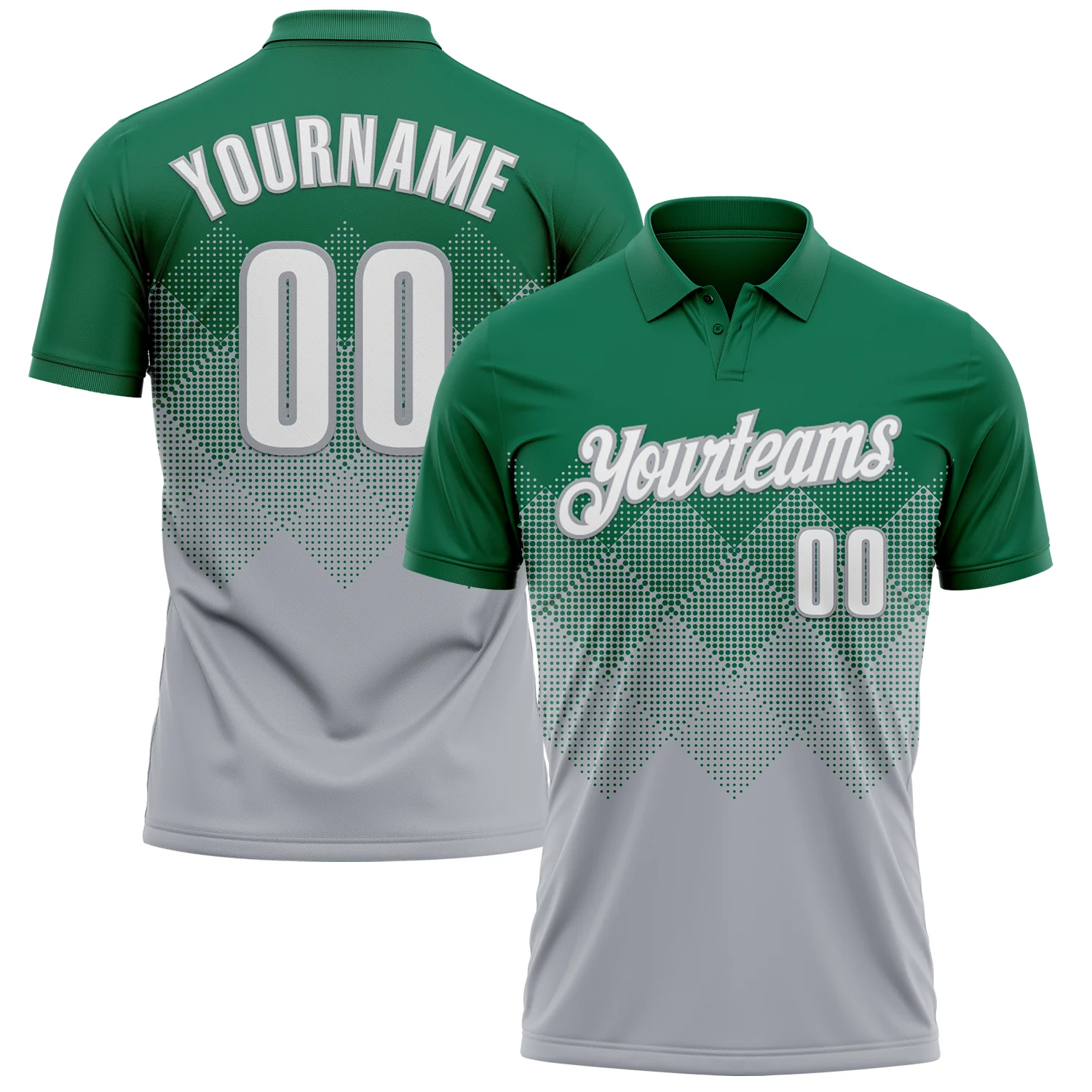 Custom Kelly Green White-Gray 3D Gradient Square Shape Performance Polo Shirt