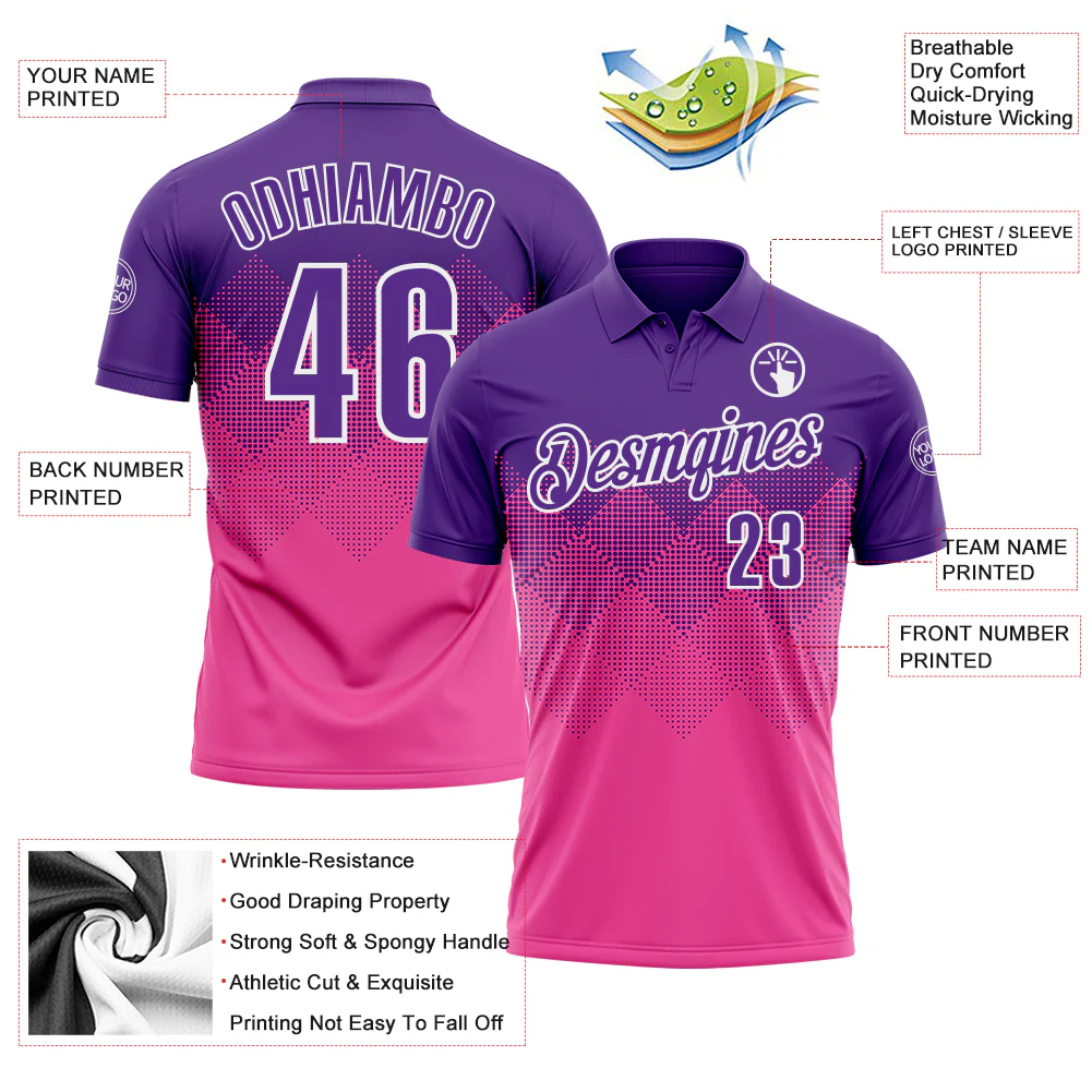 Custom Purple Pink-White 3D Pattern Design Gradient Square Shape Performance Polo Shirt