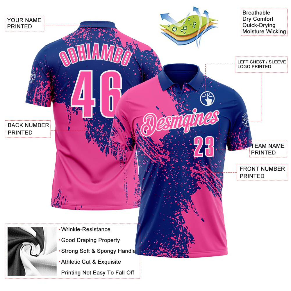Custom Pink Royal-White 3D Pattern Design Abstract Brush Stroke Performance Polo Shirt