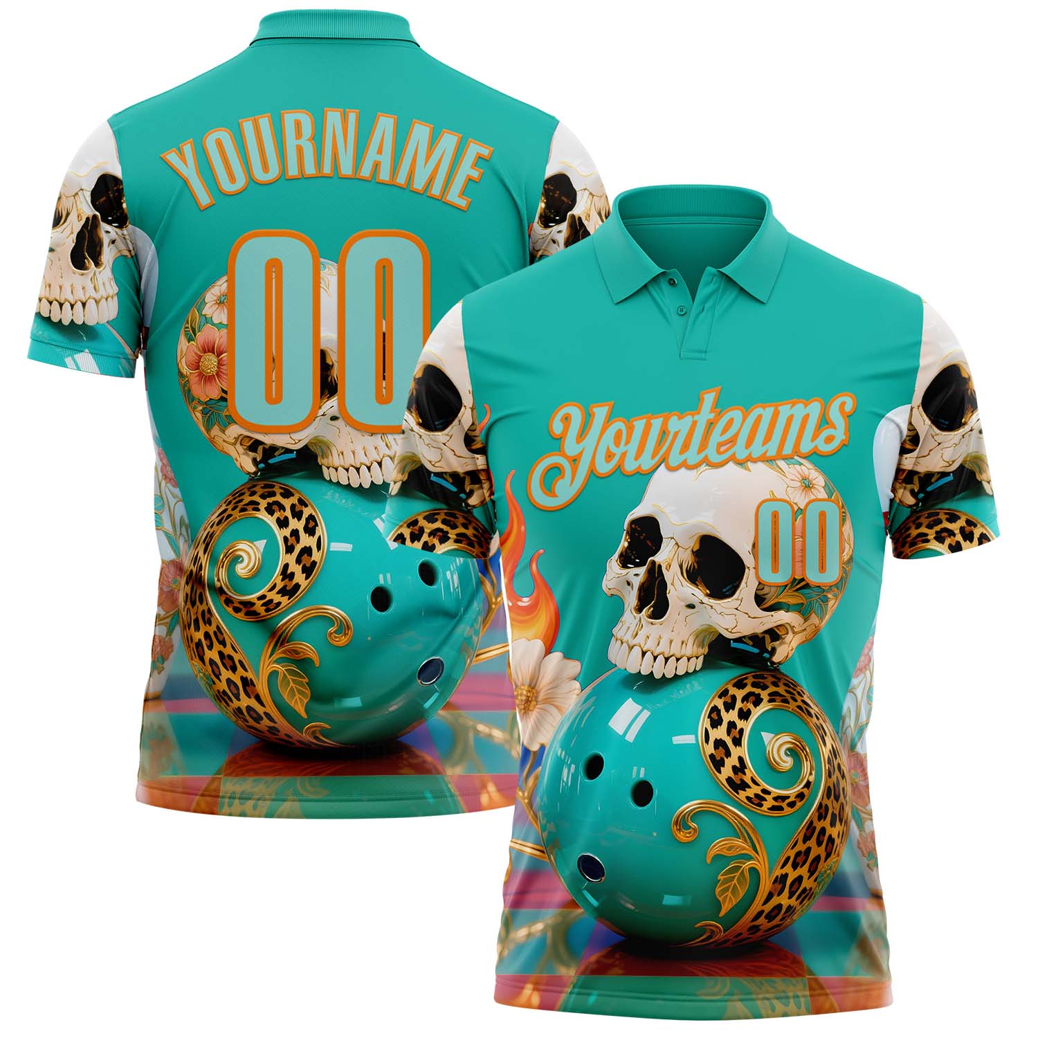 Custom Blue Ice Blue-Bay Orange 3D Floral Leopard Print Flame Skull Bowling Performance Polo Shirt