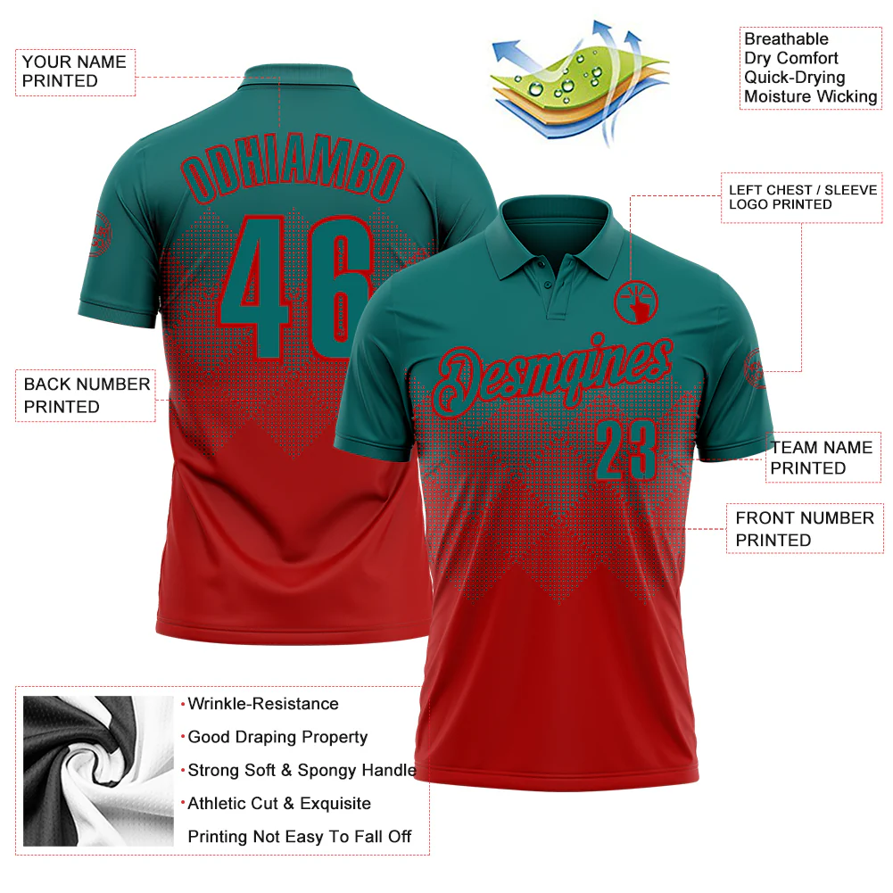 Custom Teal Red 3D Gradient Square Shape Performance Polo Shirt