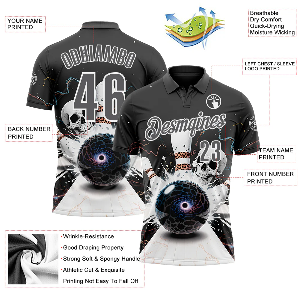 Custom Steel Gray White 3D Galaxy Leopard Print Skull Bowling Performance Polo Shirt