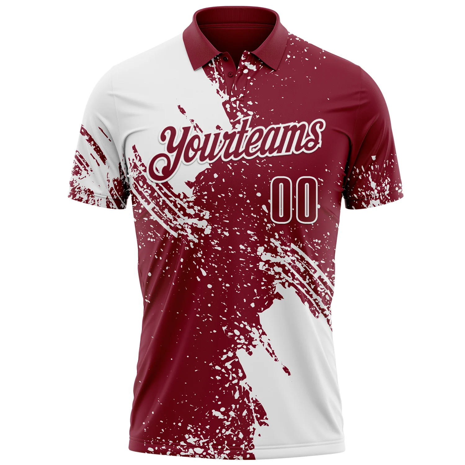 Custom White Crimson 3D Pattern Design Abstract Brush Stroke Performance Polo Shirt
