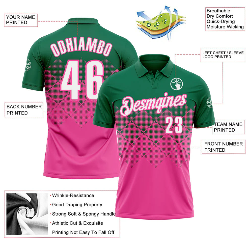 Custom Kelly Green White-Pink 3D Gradient Square Shape Performance Polo Shirt