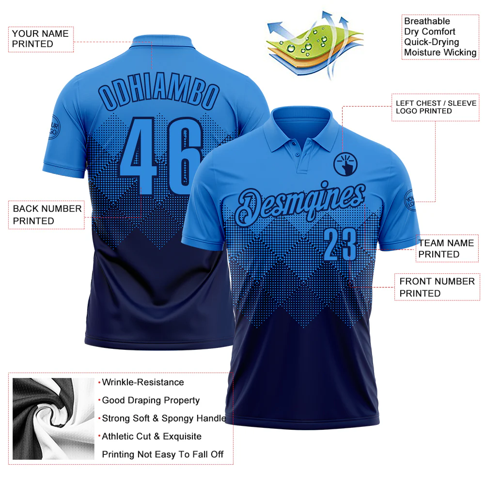 Custom Powder Blue Navy 3D Gradient Square Shape Performance Polo Shirt