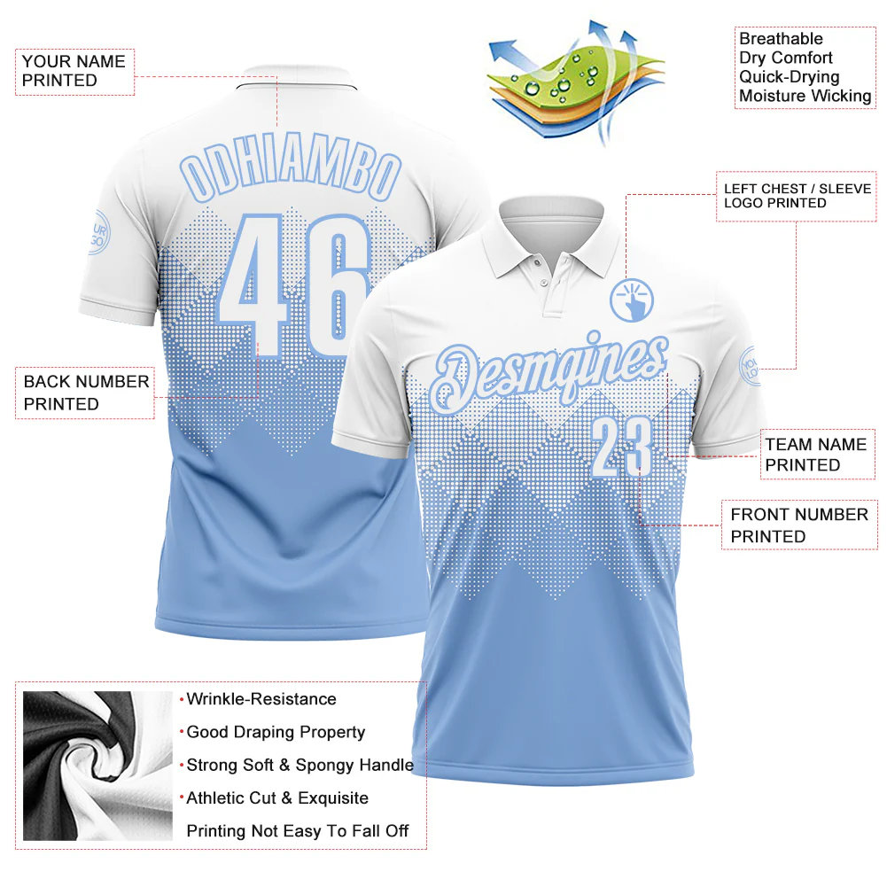 Custom White Light Blue 3D Gradient Square Shape Performance Polo Shirt