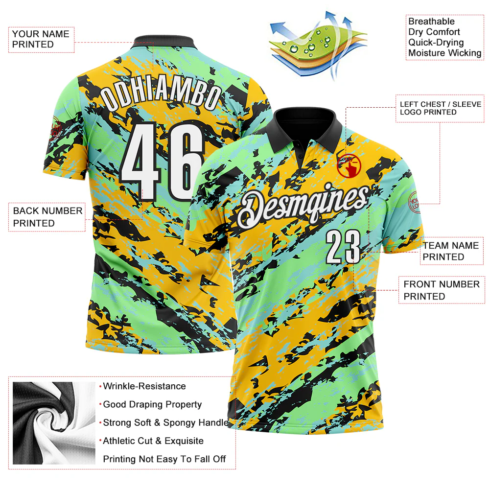 Custom Black Pea Green Ice Blue-Gold 3D Bowling Abstract Grunge Art Performance Polo Shirt