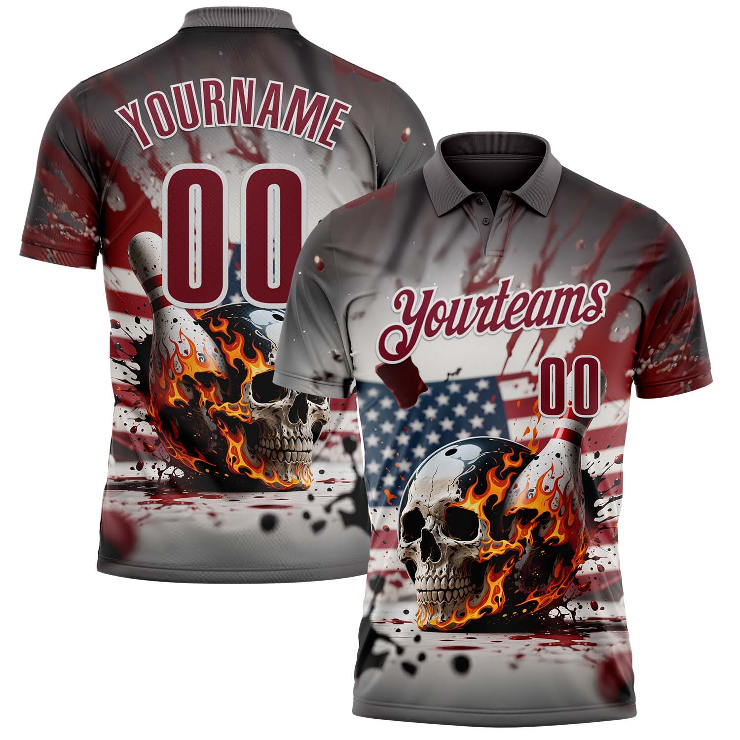 Custom Gray Crimson-White 3D American Flag Splash Flame Skull Bowling Performance Polo Shirt