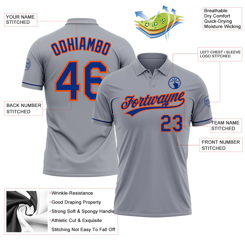 Custom Gray Royal-Orange Performance Vapor Golf Polo Shirt