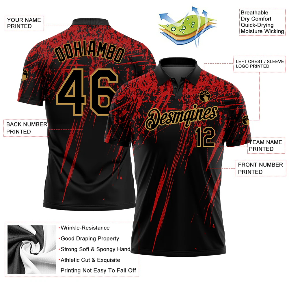 Custom Black Old Gold-Red 3D Pattern Design Sharp Shape Performance Golf Polo Shirt