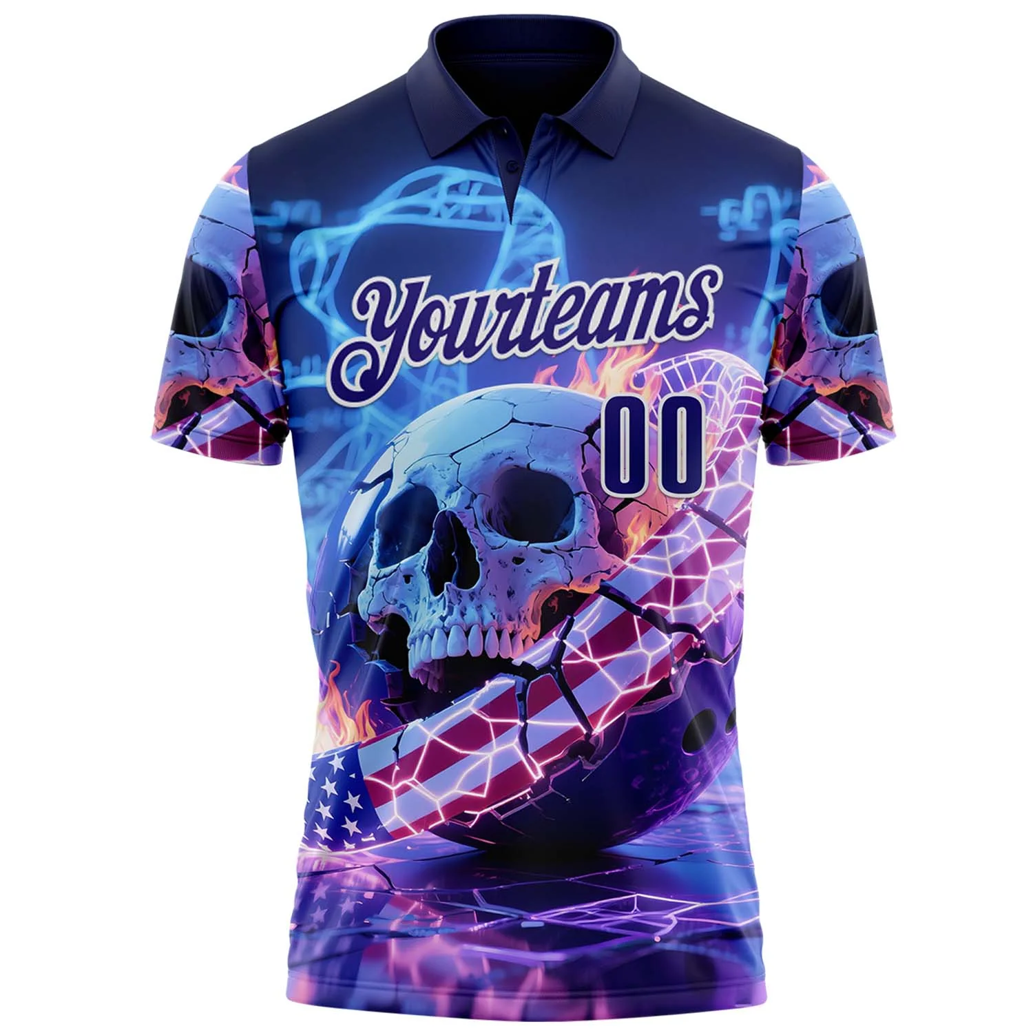 Custom Navy Dark Purple-White 3D American Flag Flame Lightning Skull Bowling Performance Polo Shirt