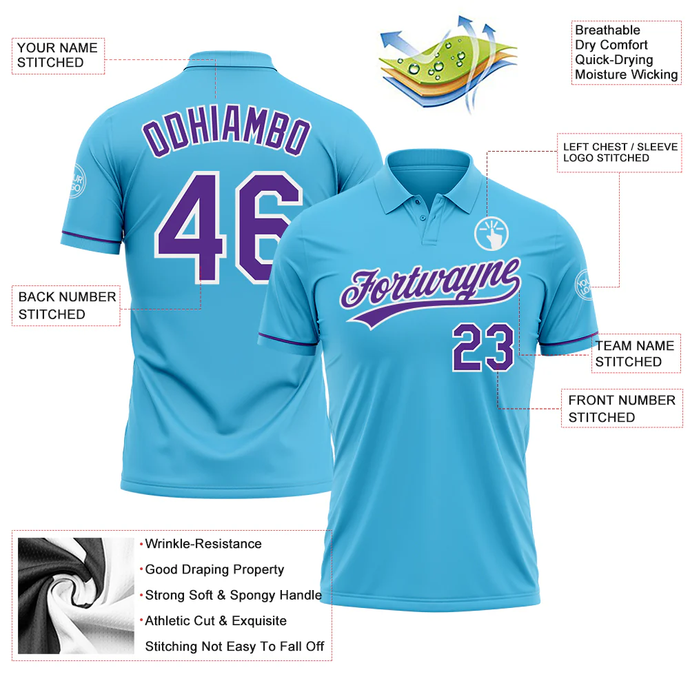 Custom Sky Blue Purple-White Performance Vapor Golf Polo Shirt