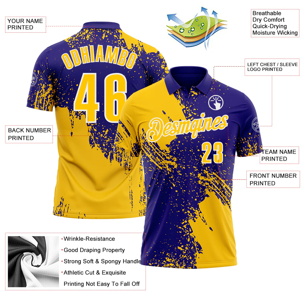 Custom Yellow Dark Purple-White 3D Pattern Design Abstract Brush Stroke Performance Polo Shirt