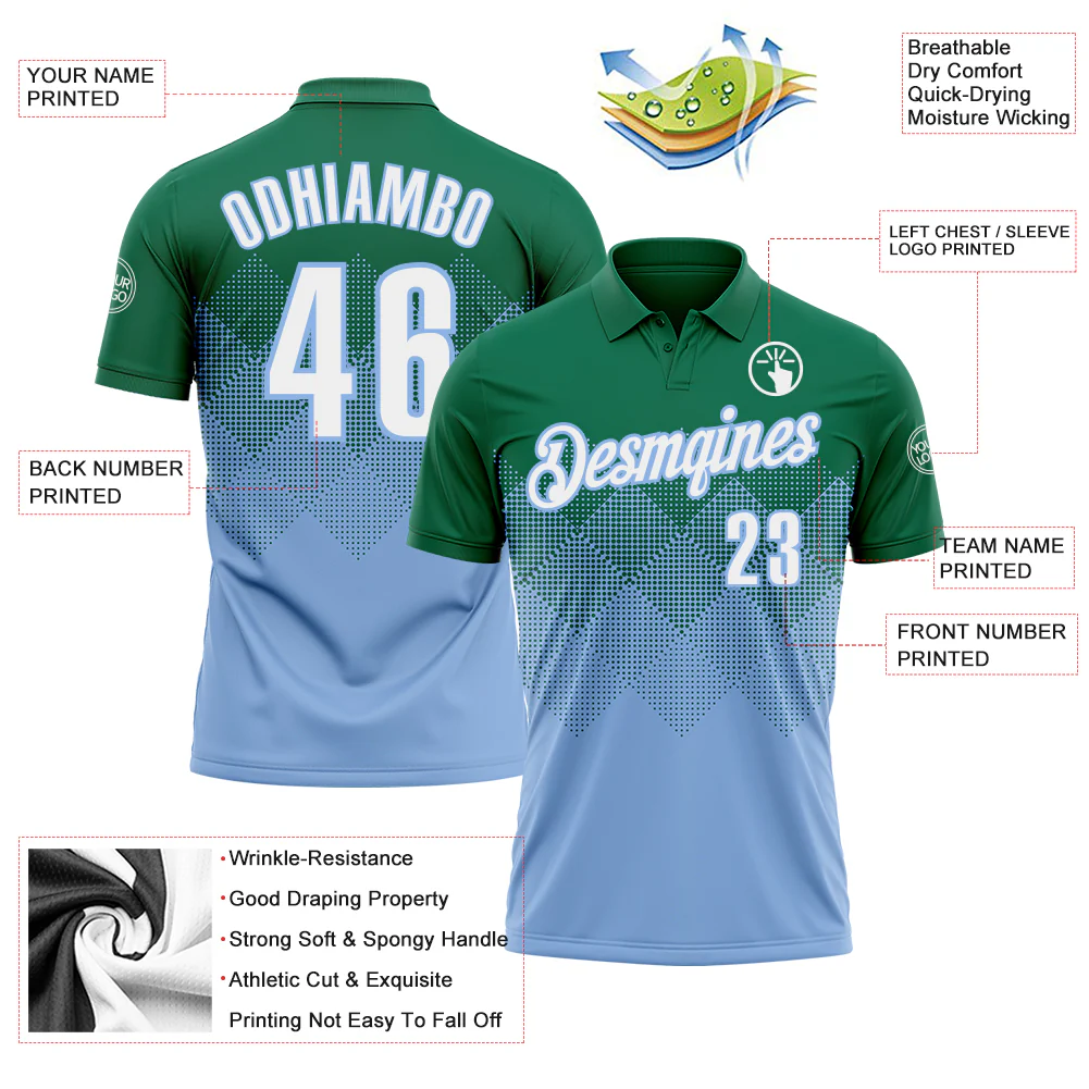Custom Kelly Green White-Light Blue 3D Gradient Square Shape Performance Polo Shirt