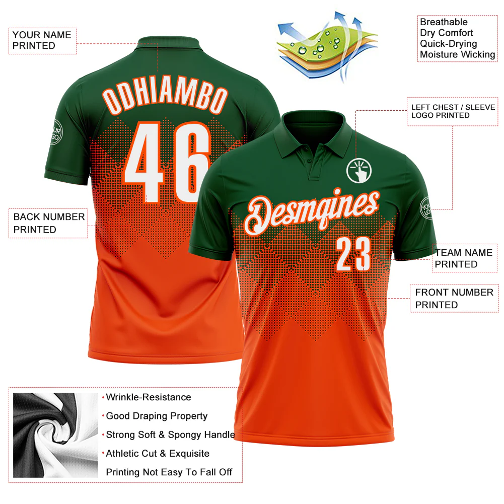 Custom Green White-Orange 3D Gradient Square Shape Performance Polo Shirt