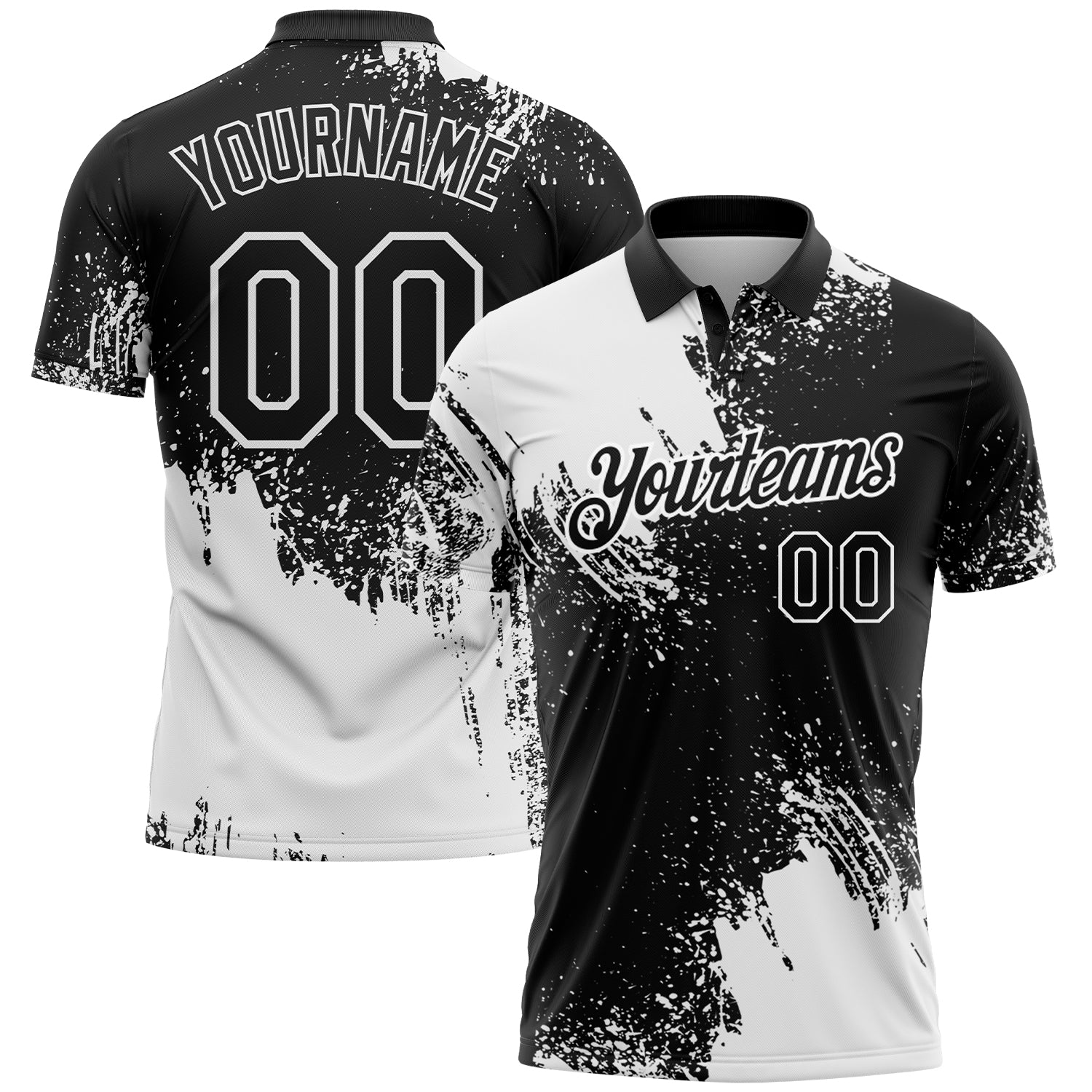 Custom White Black 3D Pattern Design Abstract Brush Stroke Performance Polo Shirt