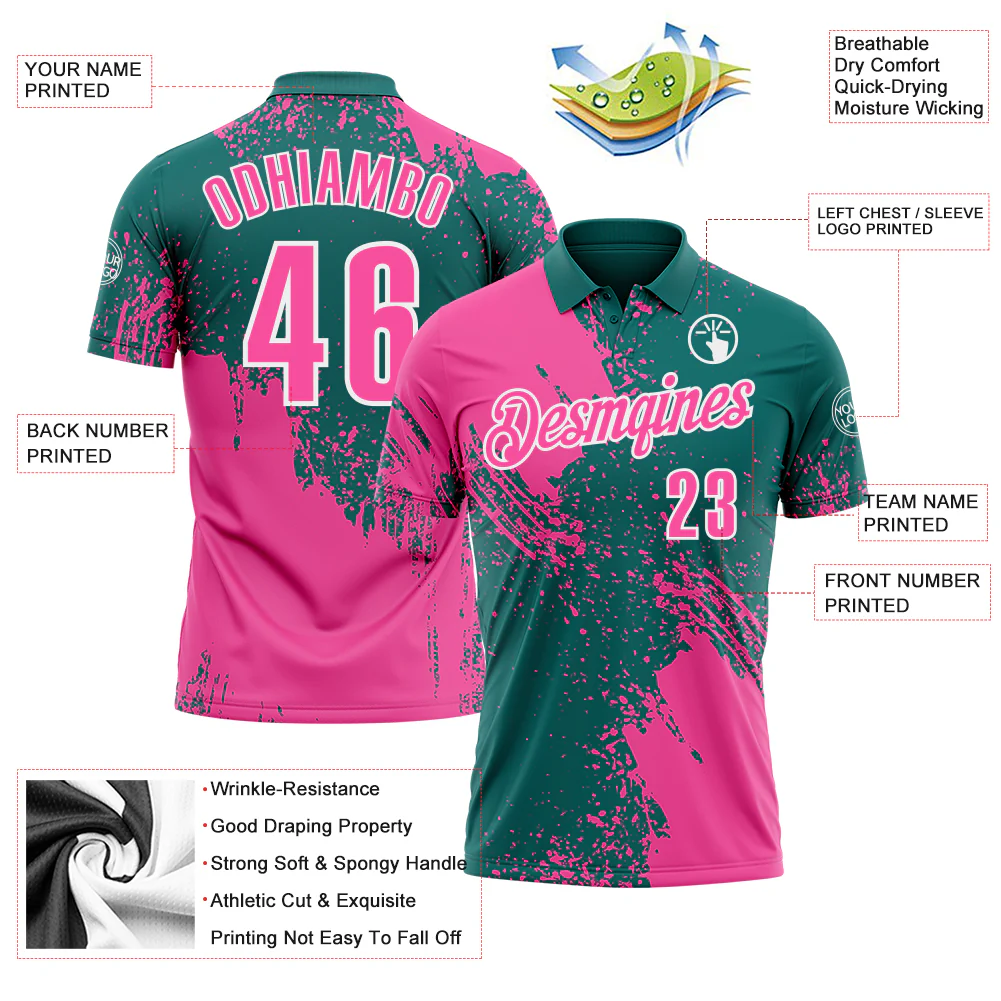 Custom Pink Teal-White 3D Pattern Design Abstract Brush Stroke Performance Polo Shirt