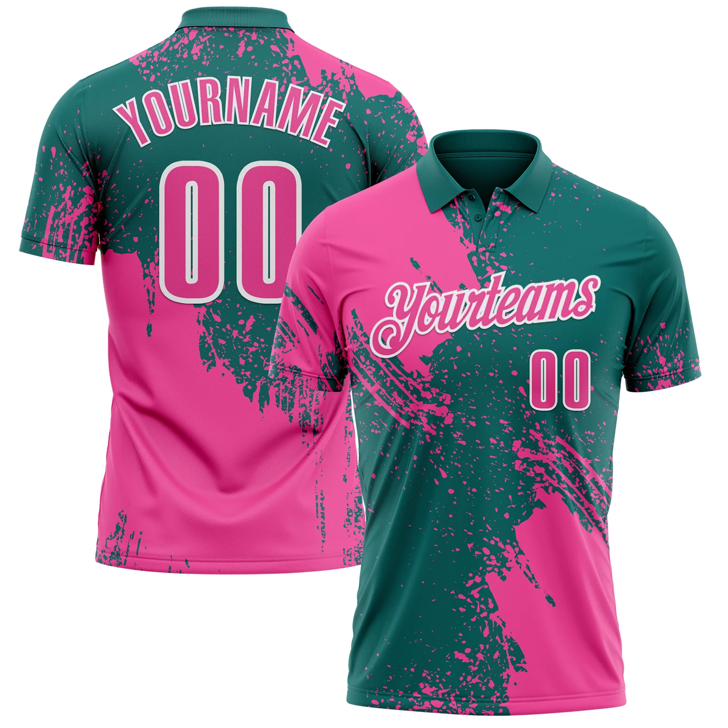 Custom Pink Teal-White 3D Pattern Design Abstract Brush Stroke Performance Polo Shirt