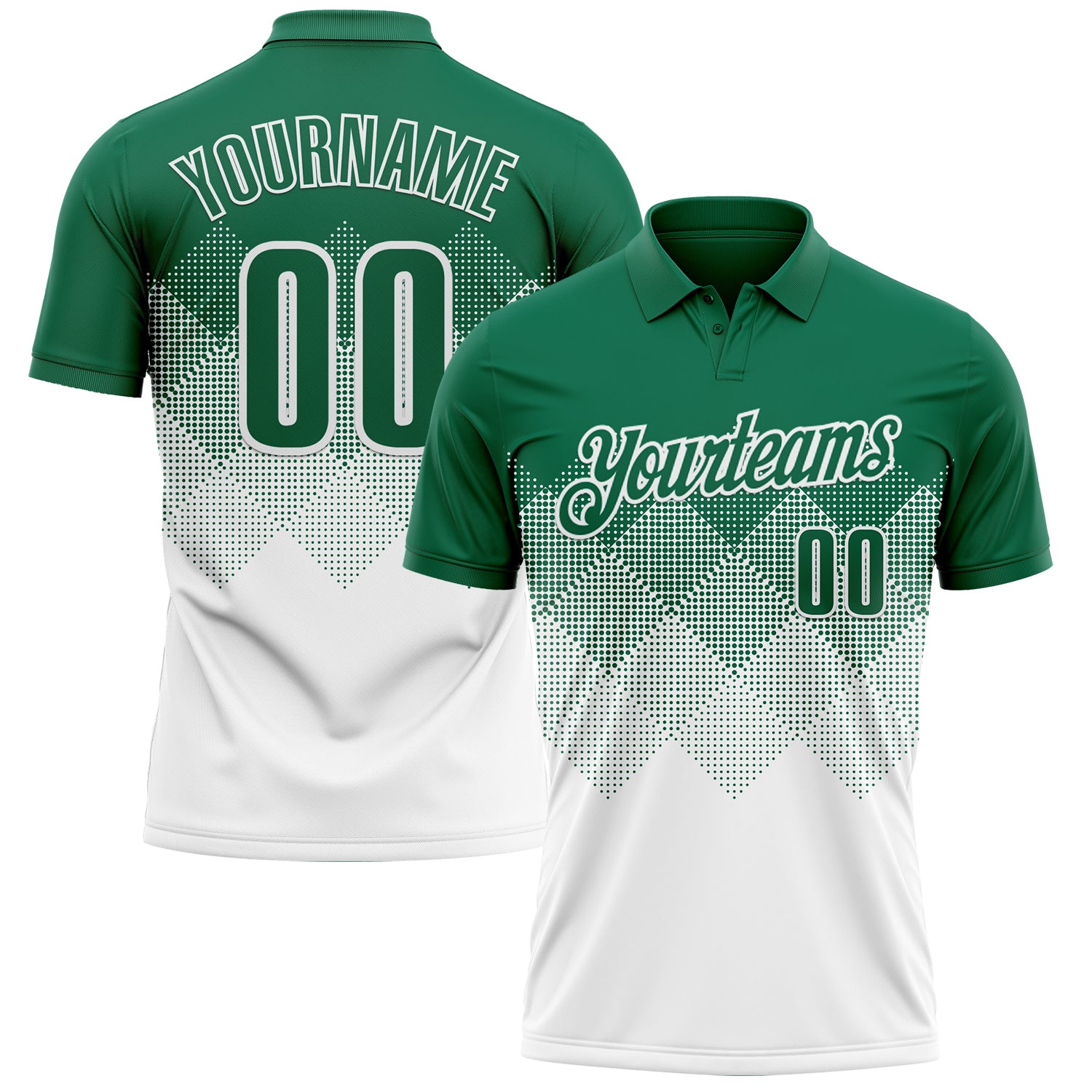 Custom Kelly Green White 3D Gradient Square Shape Performance Polo Shirt