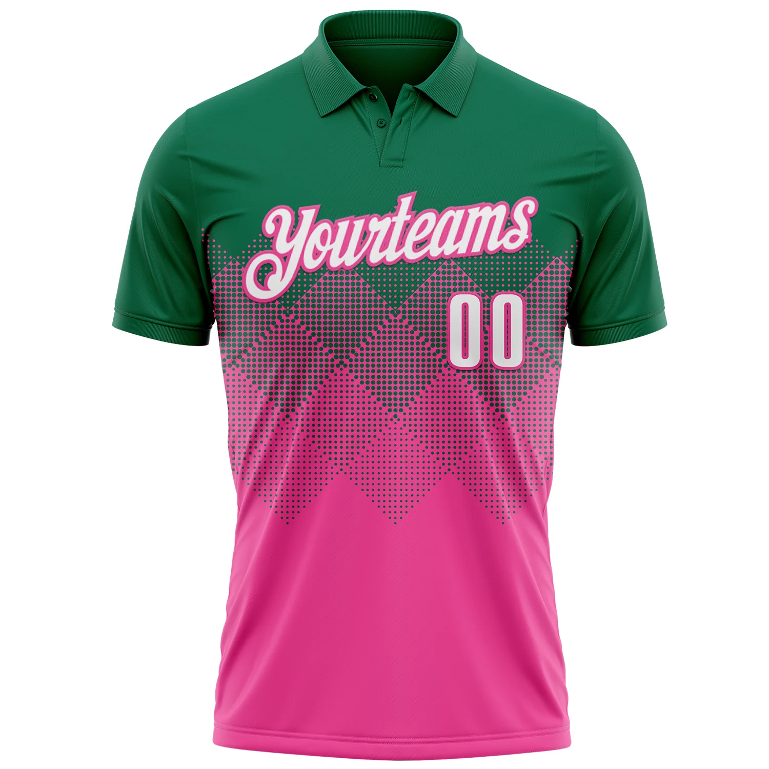 Custom Kelly Green White-Pink 3D Gradient Square Shape Performance Polo Shirt