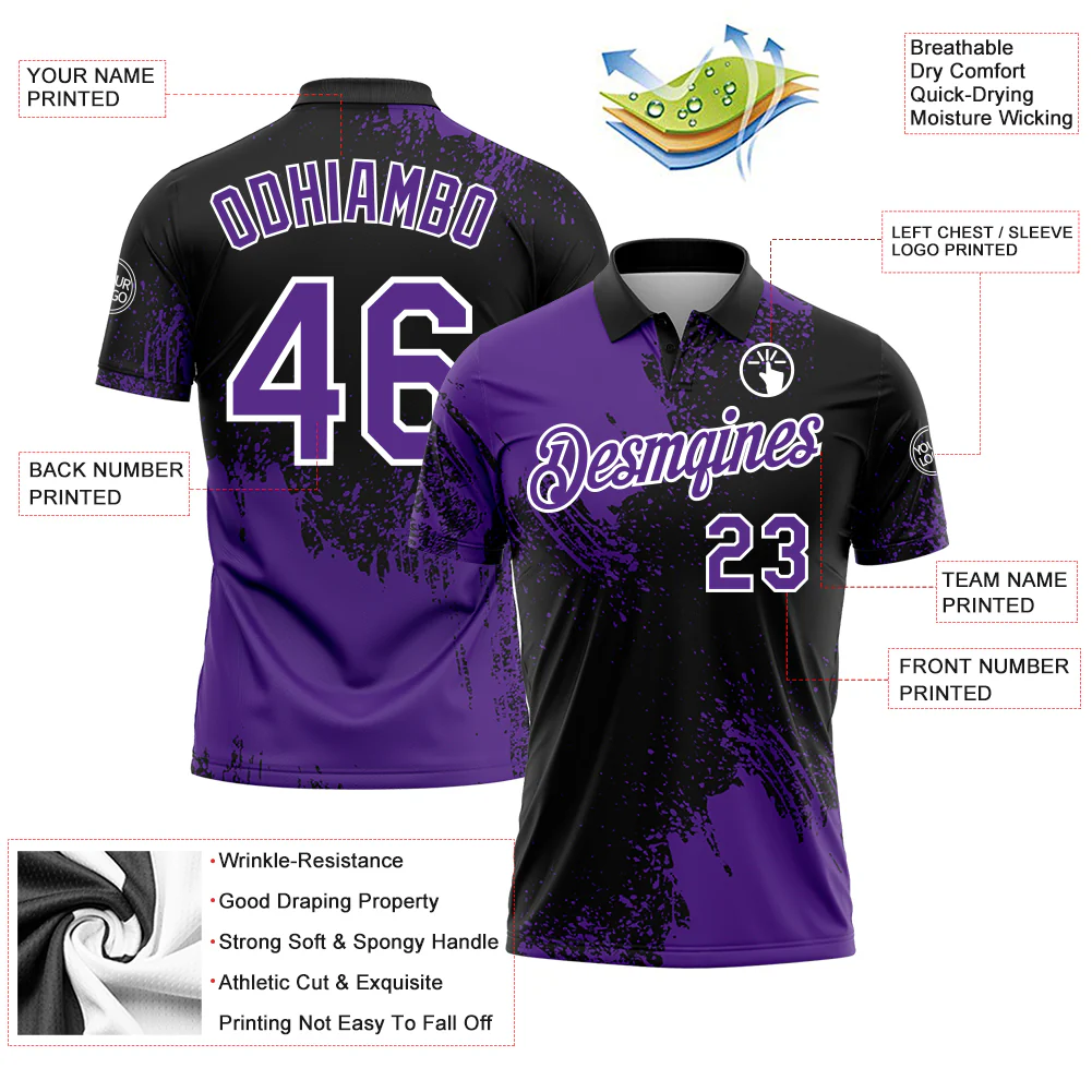 Custom Purple Black-White 3D Pattern Design Abstract Brush Stroke Performance Polo Shirt