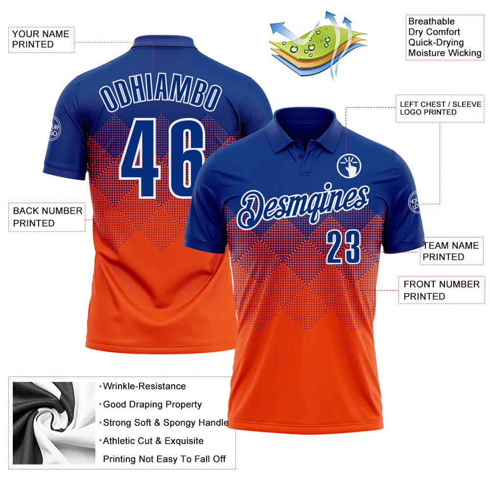 Custom Royal Orange-White 3D Pattern Design Gradient Square Shape Performance Polo Shirt
