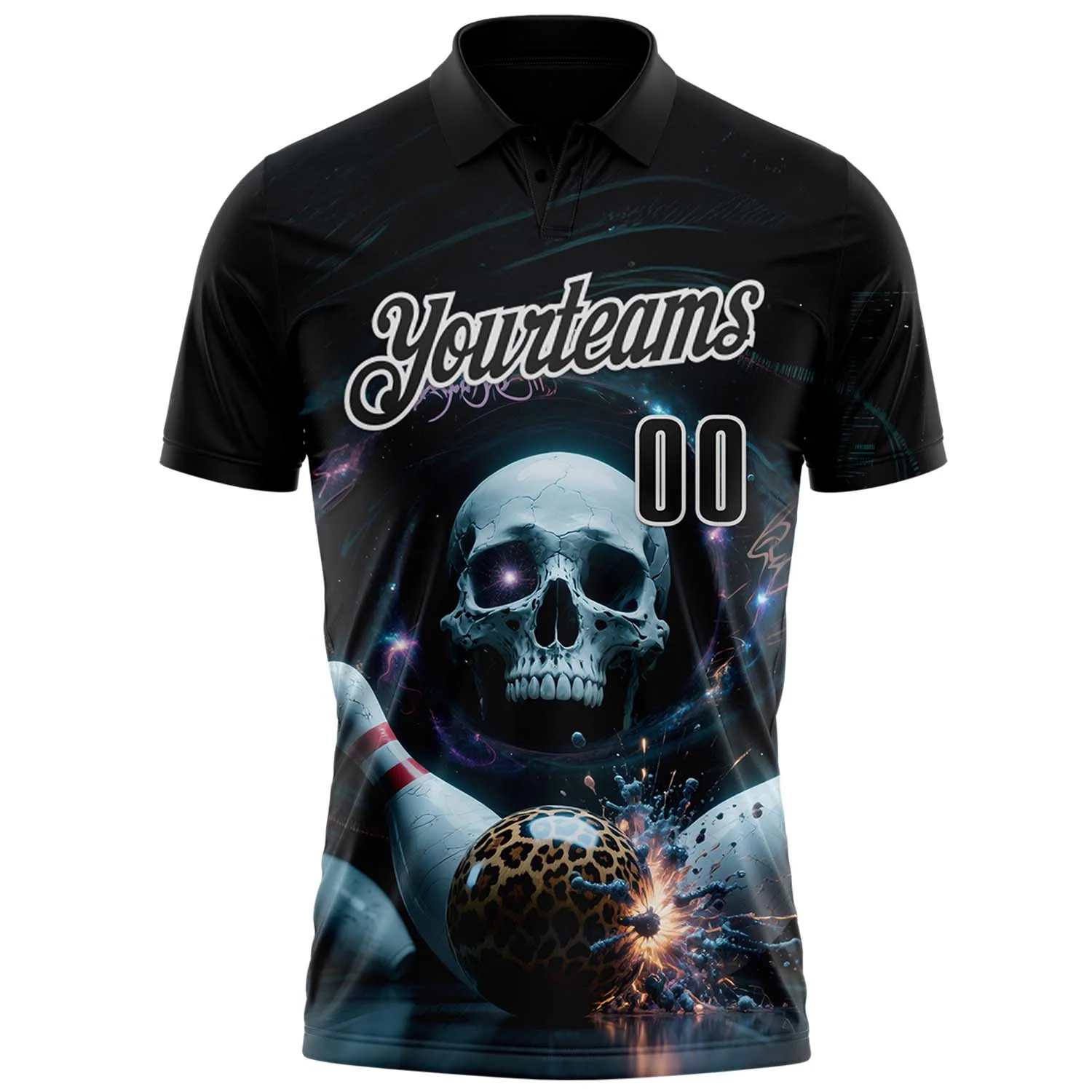 Custom Black White 3D Galaxy Leopard Print Skull Bowling Performance Polo Shirt