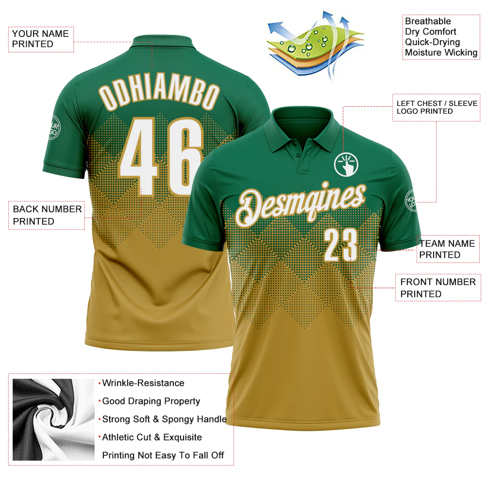 Custom Kelly Green White-Old Gold 3D Gradient Square Shape Performance Polo Shirt
