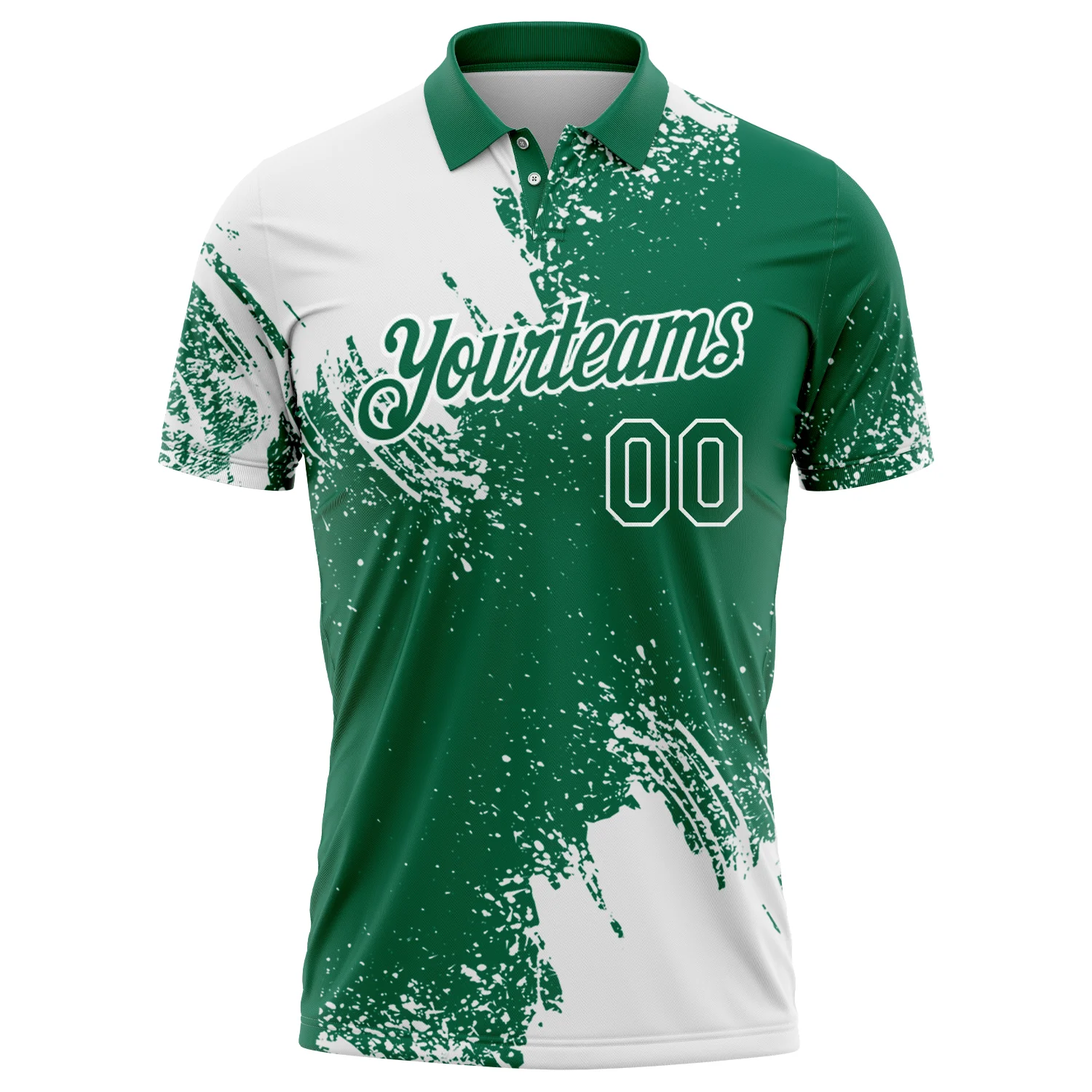 Custom White Kelly Green 3D Pattern Design Abstract Brush Stroke Performance Polo Shirt