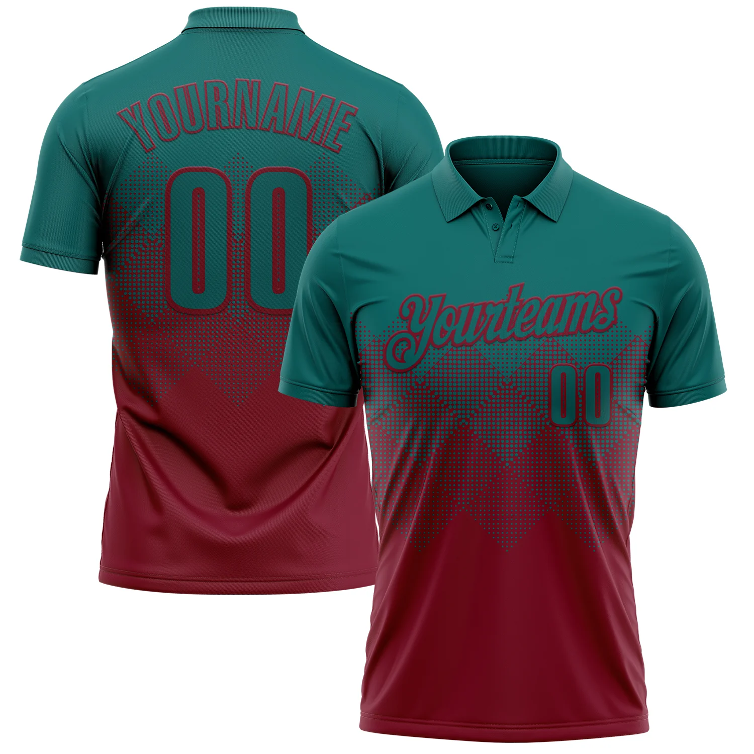 Custom Teal Crimson 3D Gradient Square Shape Performance Polo Shirt