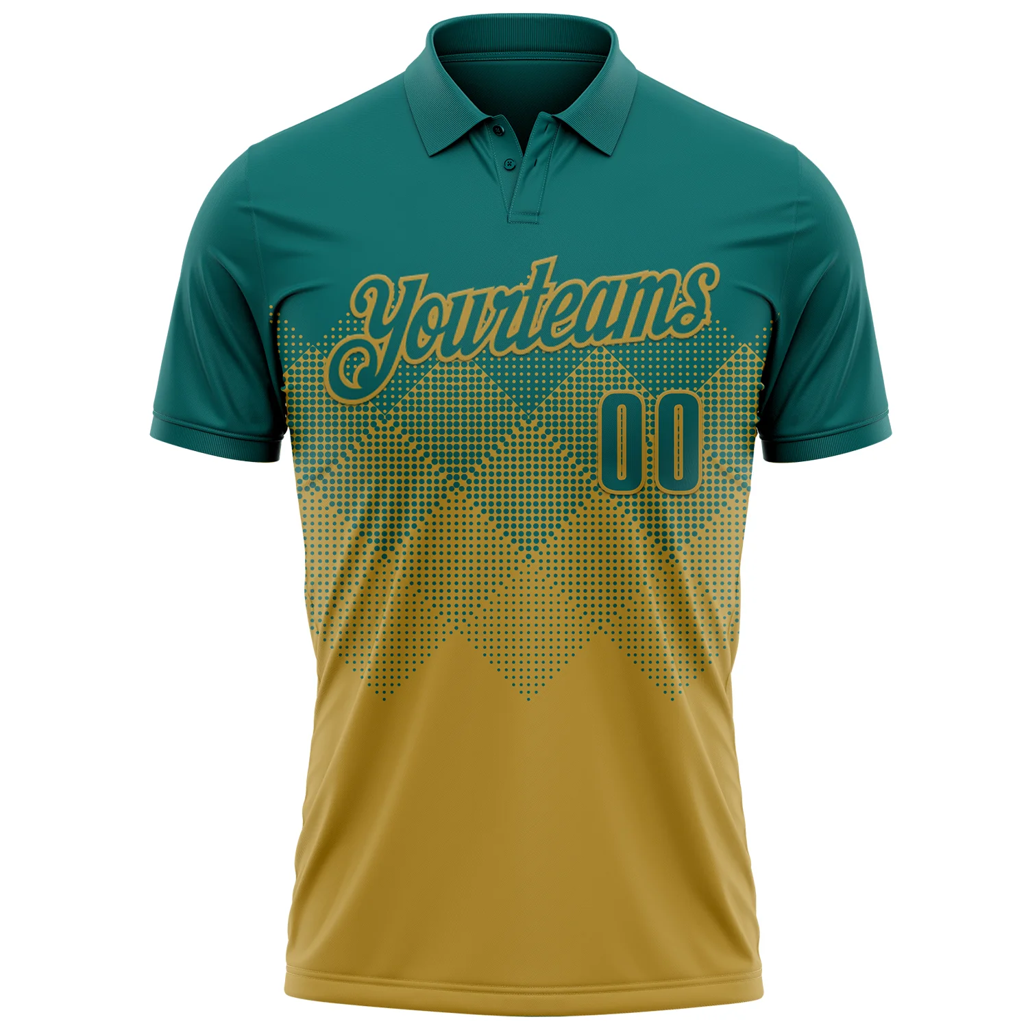 Custom Teal Old Gold 3D Gradient Square Shape Performance Polo Shirt