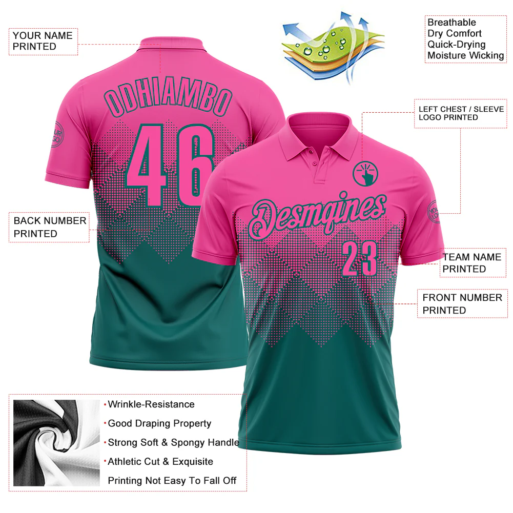 Custom Pink Teal 3D Gradient Square Shape Performance Polo Shirt