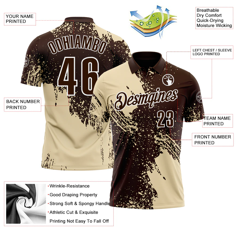 Custom Cream Brown-White 3D Pattern Design Abstract Brush Stroke Performance Polo Shirt